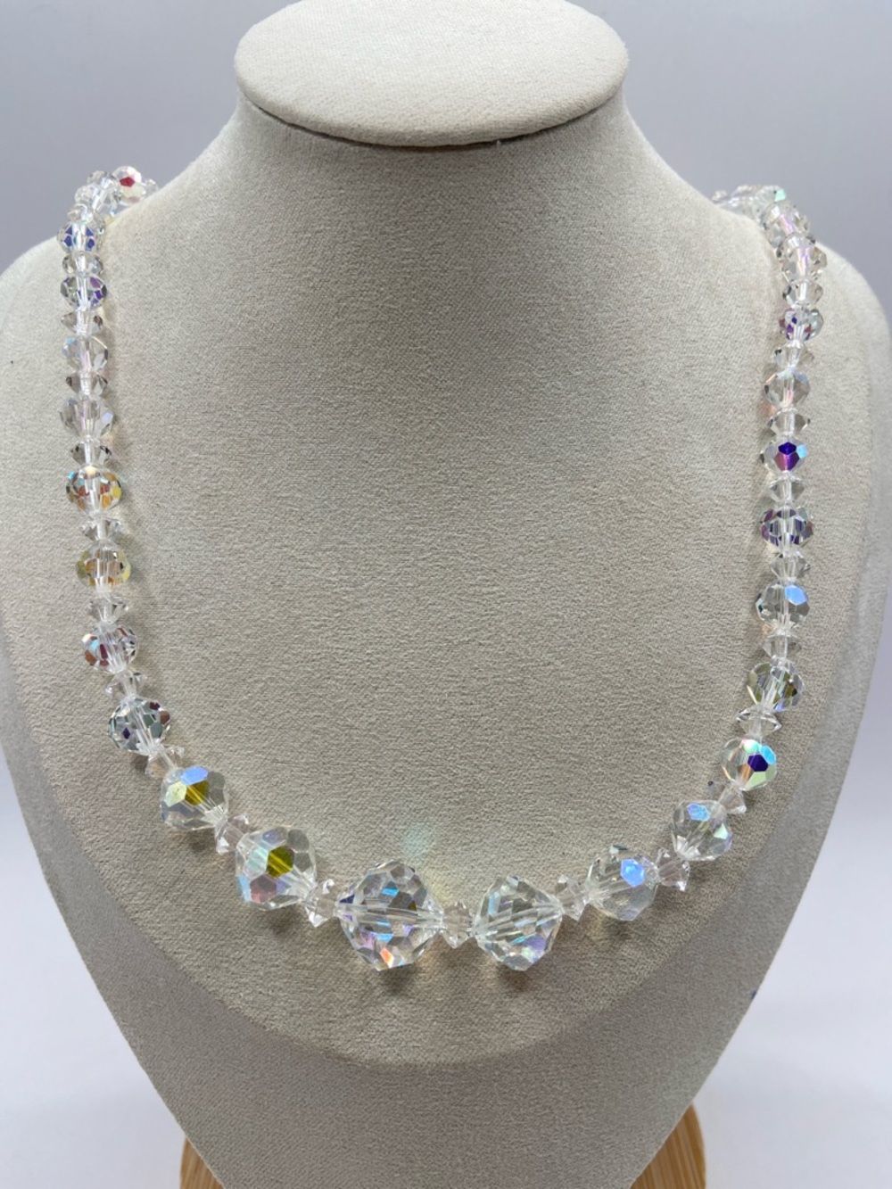 Vintage Clear Aurora Borealis Graduated Glass Bead Necklace 22”L Collectible